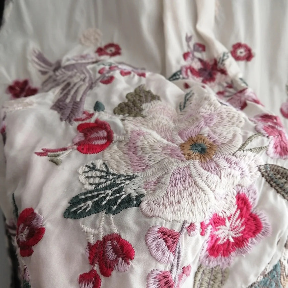 Johnny Was Hisako Embroidered Silk Button Blouse XS Plaid Japanese Floral Bird - Picture 11 of 17